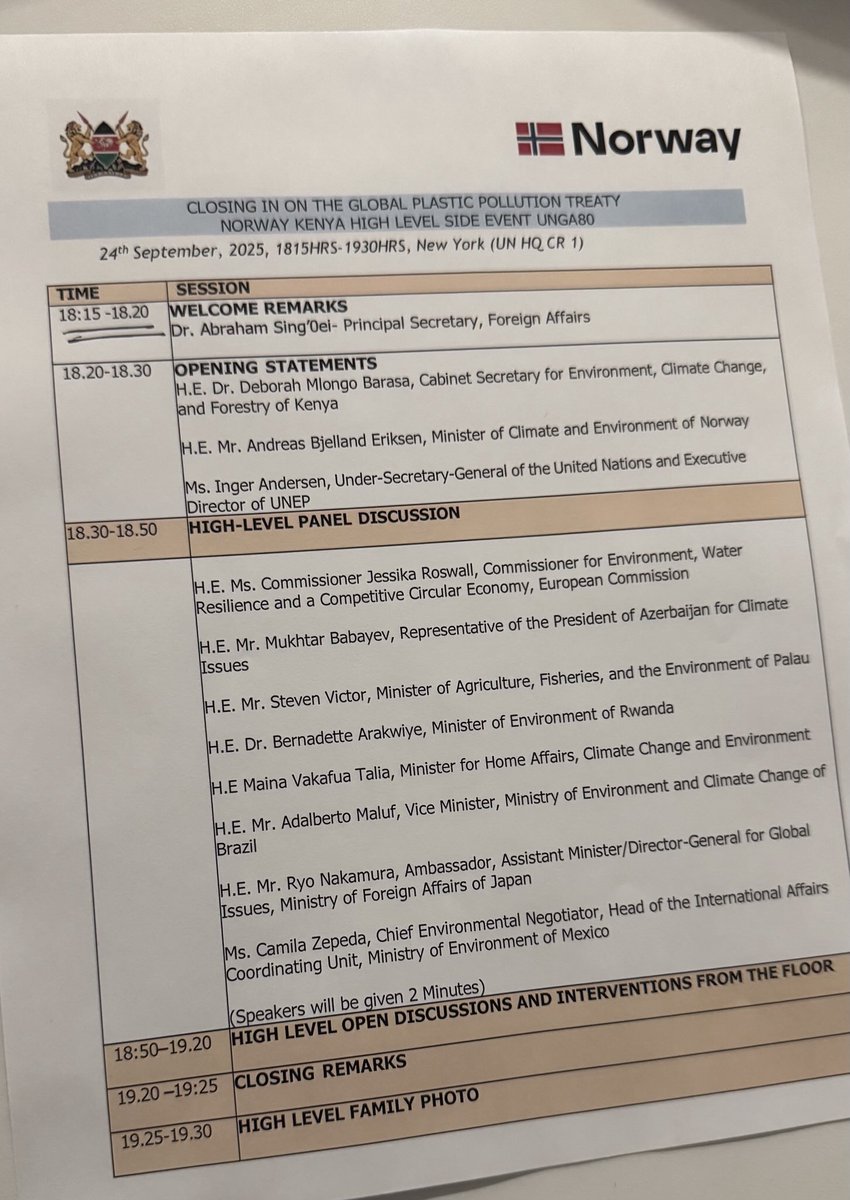 Side event at #UNGA80 by Kenya and Norway mobilizing global consensus on ambitious Plastic Treaty. ⁦<a href="/ForeignOfficeKE/">State Department for Foreign Affairs | Kenya</a>⁩ ⁦<a href="/NorwayInKenya/">Norway in Kenya</a> ⁦<a href="/Eng_F_Ngeno/">Dr. Eng. Festus K. Ng’eno, MIEK, CBS</a>⁩ #KenyaAtUnga