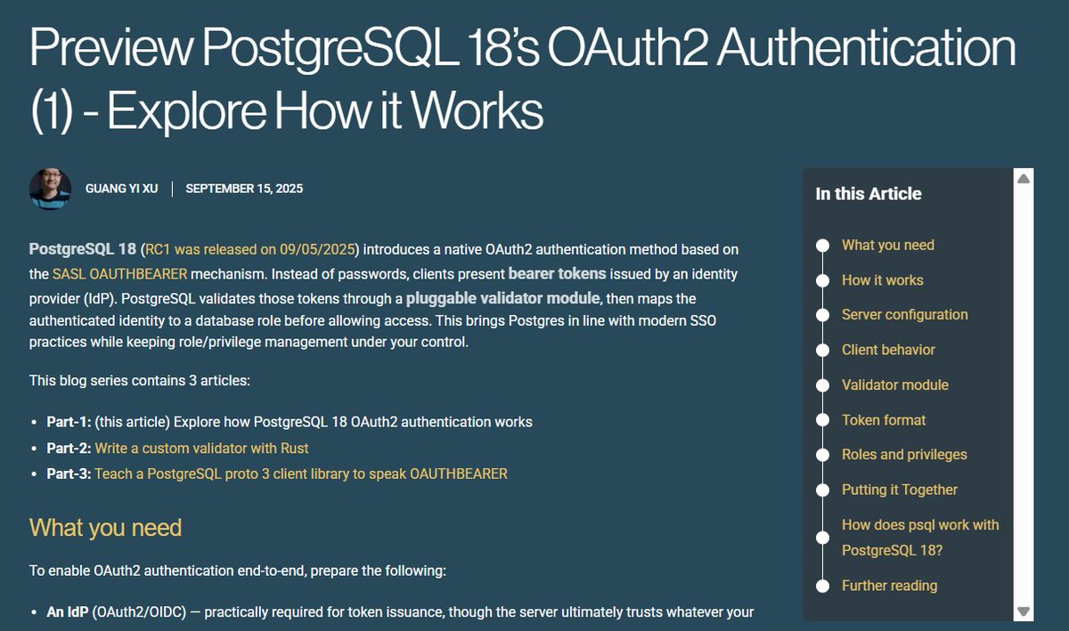 EDBPostgres's tweet image. #PostgreSQL18 adds native OAuth2 authentication. EDB principal software engineer Guang Yi Xu breaks it down in a 3-part series:
🔹 How the SASL OAUTHBEARER flow works
🔹 Building a Rust validator with pgrx
🔹 Extending a Go/pgx client for tokens
➡️ enterprisedb.com/blog/preview-p…