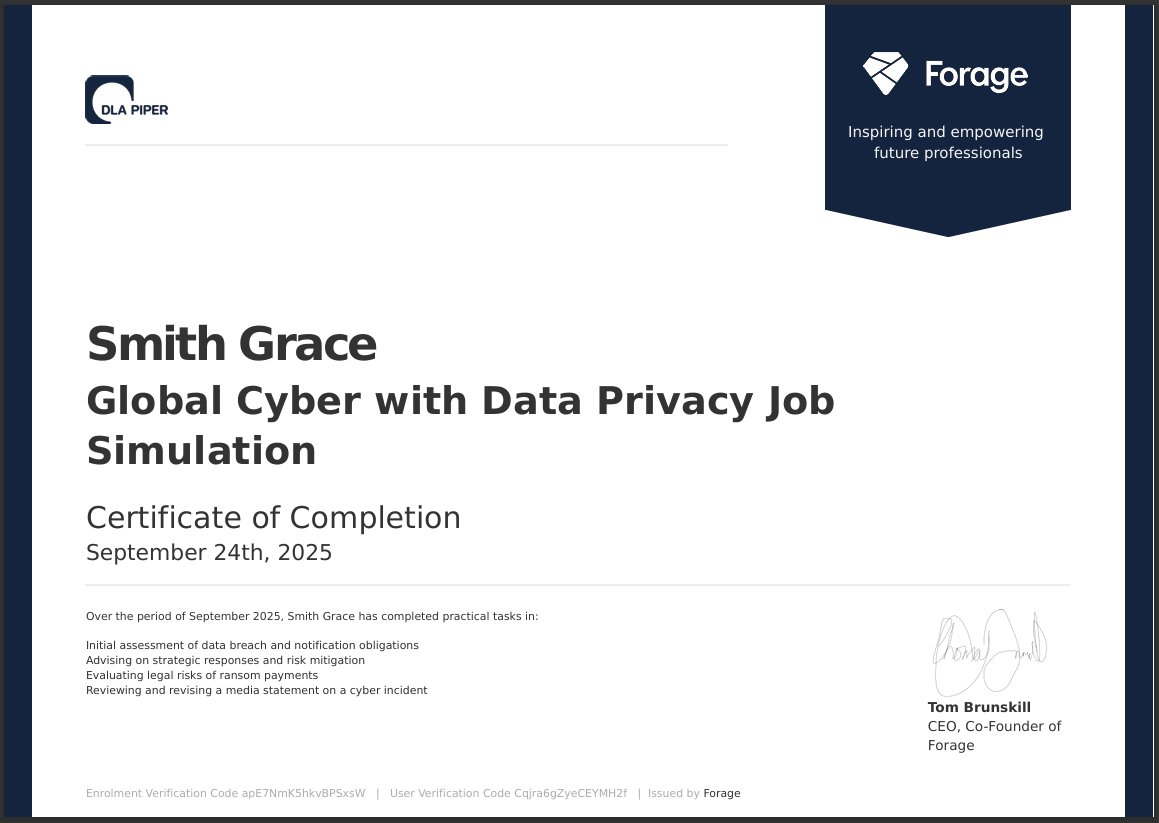 theitgirliee's tweet image. Day 95💃
I just completed DLA Piper&apos;s Global Cyber with Data Privacy job simulation involving global data protection and cybersecurity for DLA Piper’s Data Privacy and Cybersecurity team. I enjoyed being a tech lawyer (somewhat), it used to be my dream😭
#100DaysofCyberSecurity