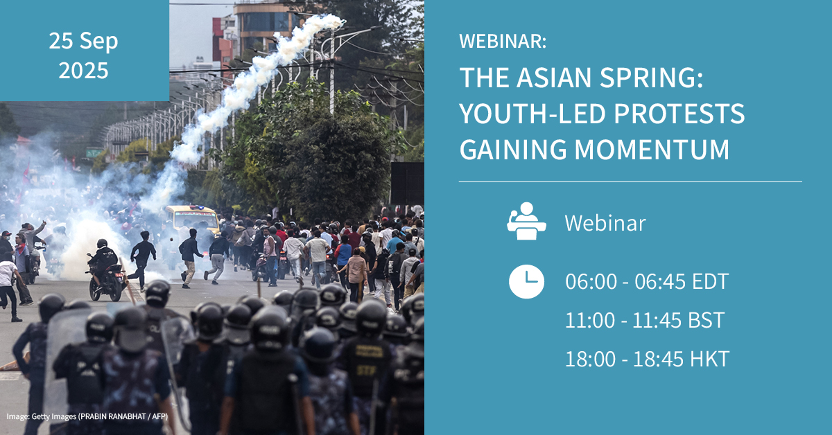 dragonfly_int's tweet image. Be part of the conversation on #YouthLedProtest movements in #Asia. Don’t miss our briefing TOMORROW—secure your spot now: bit.ly/3VqYxVI

We&apos;ll cover youth activism, regional instability forecasts &amp;amp; countries susceptible to similar protest movements in 2026.