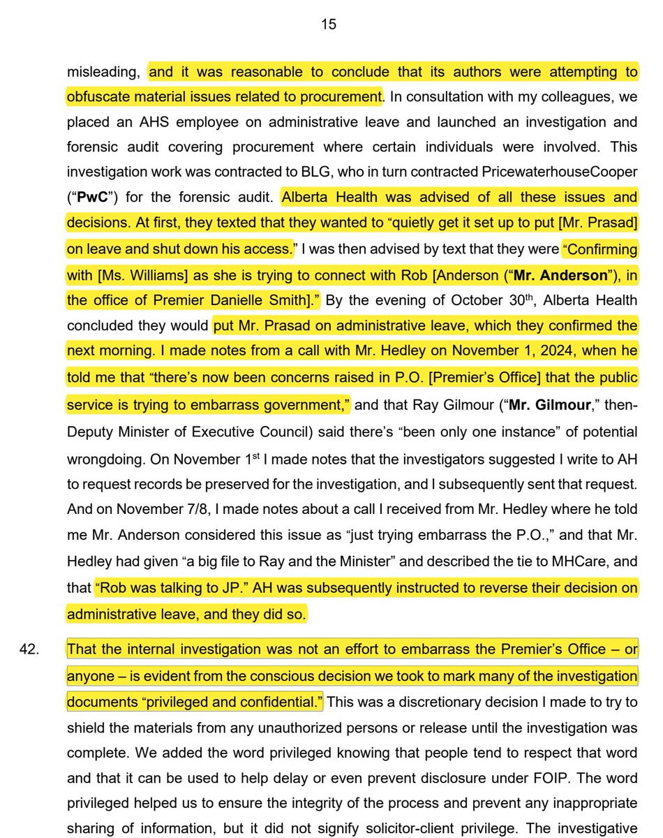 These are all still allegations - from potentially multiple independent sources - but it should be noted that the Premier's Chief of Staff directly intervened on behalf of Mr. Prasad... 
So the Premier would have been aware of all of these concerns...
(from former CEO affidavit)