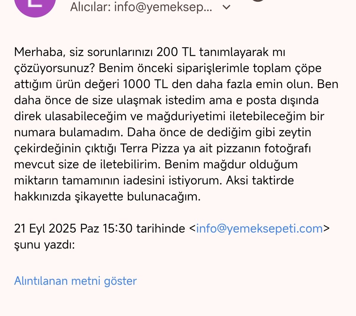 EmreG70's tweet photo. İnsanların mağduriyeti gidene kadar her gün sizin 200 TL kadar değersiz bir işletme olduğunuzu paylaşacağım @yemeksepeti https://t.co/LhxrC05Nok
