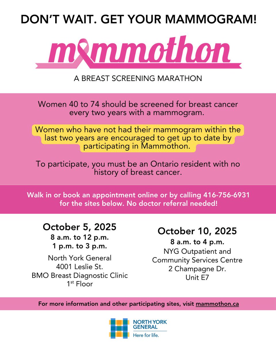 October is #BreastCancerAwarenessMonth. Get your mammogram to be screened for breast cancer, the most common cancer among Canadian women. 

👉 Walk in or book an appointment online during #Mammothon at our General and Champagne sites! bit.ly/4mkwgLu