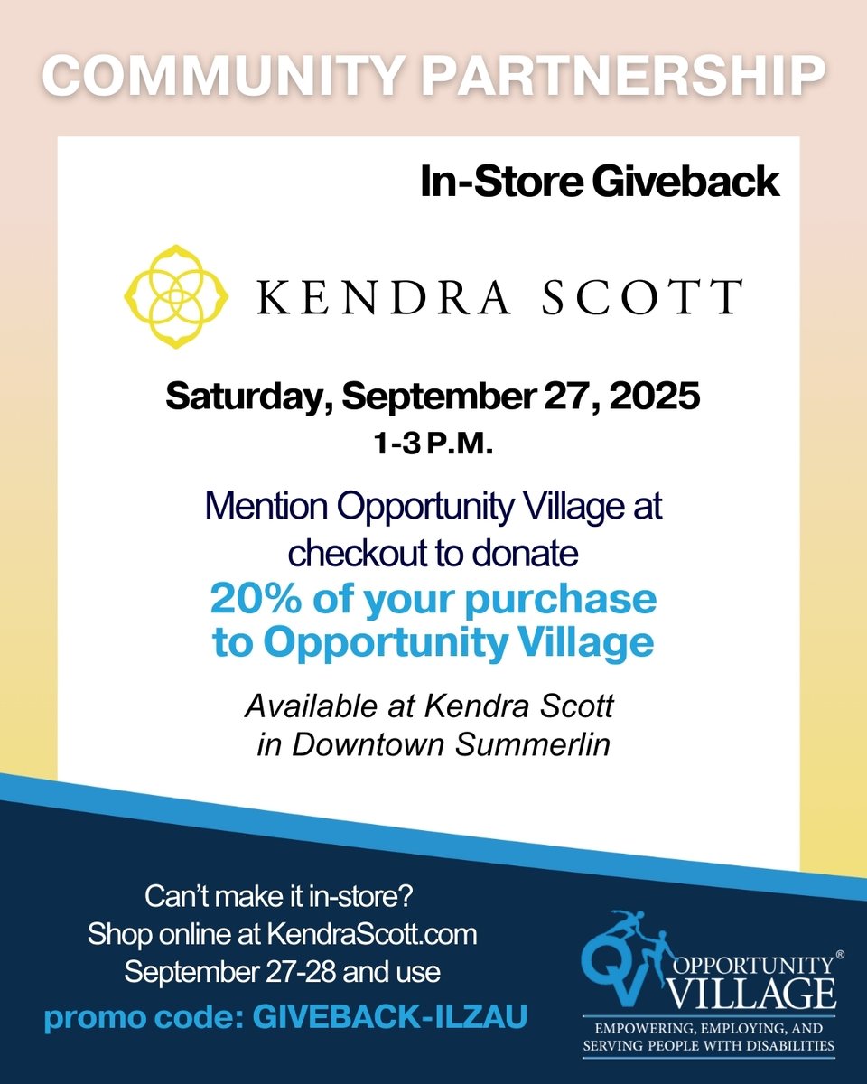 Shine bright &amp; do good at <a href="/KendraScott/">kendrascott</a> Las Vegas Downtown Summerlin 1-3pm on Sat., Sept. 27, when 20% of your purchase will be donated to Opportunity Village when you mention OV at checkout.⁠
⁠
...Or shop online at KendraScott.com Sept. 27-28 with code GIVEBACK-ILZAU ⁠