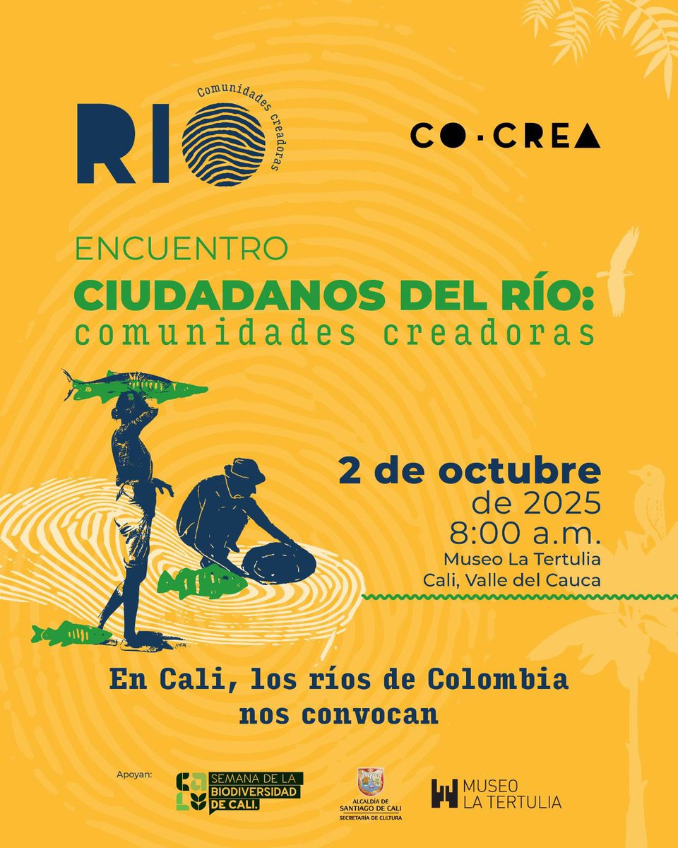 #CiudadanosDelRío | Este 2 de octubre en Cali se realiza el Encuentro Ciudadanos del Río: Comunidades Creadoras, liderado por CoCrea.
Un espacio para dialogar, aprender y compartir sobre cultura y saberes ancestrales. 

👉 Inscríbete aquí: forms.office.com/r/aW1wE8rbCS?o…