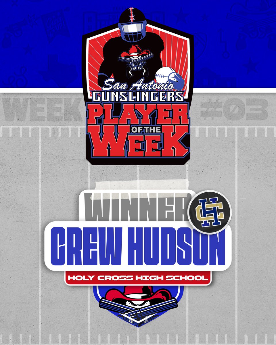 The votes are IN — Congratulations to our Week #04 Player of the Week Winner, Crew Hudson from <a href="/HolyCrossofSAFB/">Holy Cross of San Antonio Football</a> 🔥

Week 5 is now underway!  Don't miss your chance to win tickets to a 2026 Gunslingers game...
potg.sagunslingers.com

<a href="/TSPLiveStream/">Texas Sports Productions</a> <a href="/crewbh20/">Crew Hudson</a>