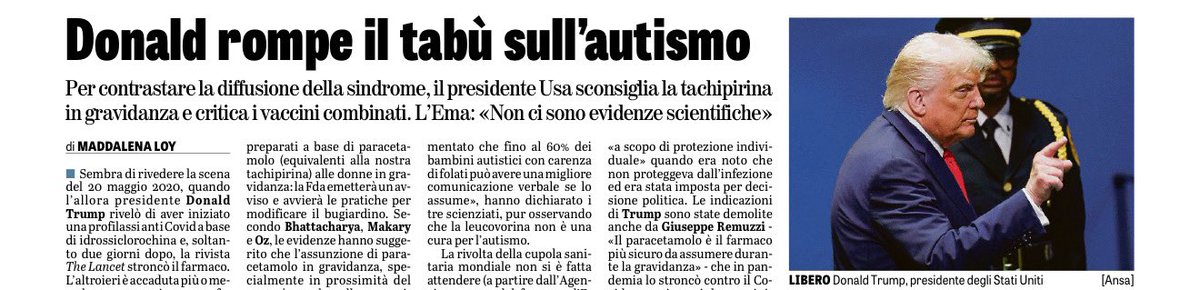 Parlando dell’emergenza autismo negli Usa, Trump ha sconsigliato l’uso di paracetamolo alle donne in gravidanza e suggerito il Leucovorin per curare alcuni sintomi dell’autismo. Ma soprattutto, ha fatto cadere l’ultimo tabù, quello del dio vaccino, in Italia ancora duro a morire: