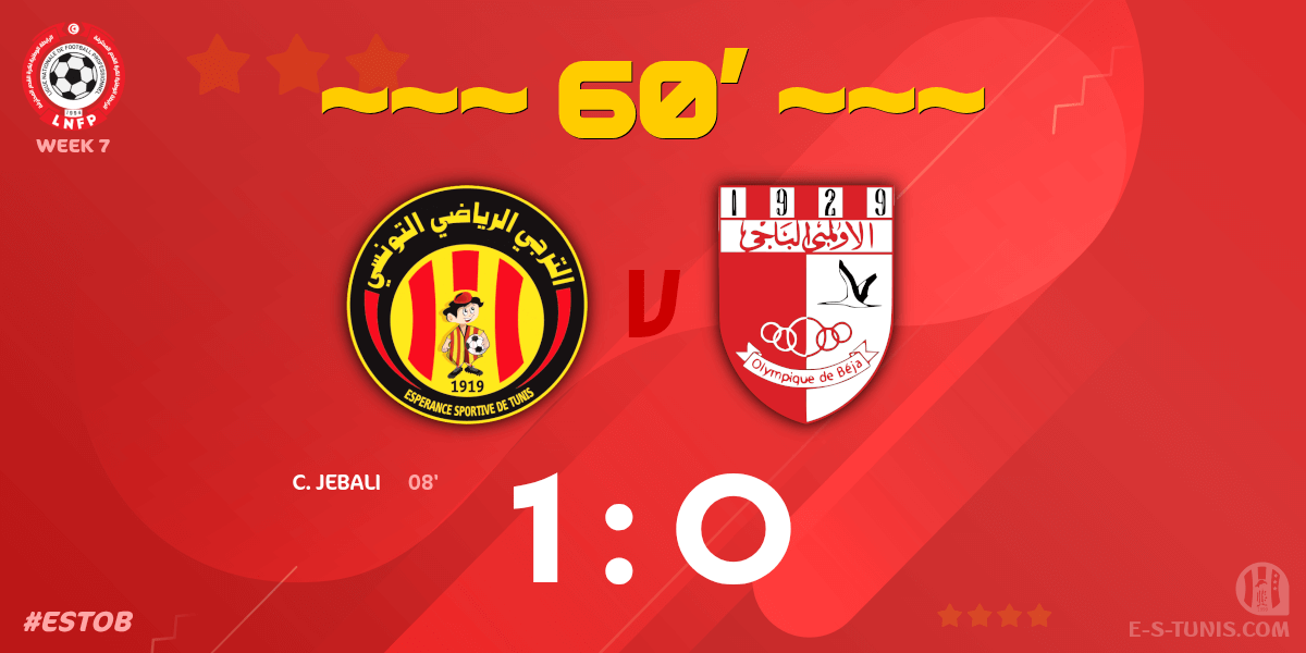 ESTuniscom's tweet photo. ⏱ 60' | #Ligue1Tn🇹🇳 Week 7 #ESTOB | @ESTuniscom 1⃣-0⃣ #OlympiqueBeja : Score reminder / تذكير بالنتيجة / Rappel du score https://t.co/HeDY1D2PBU