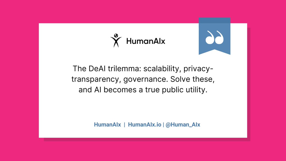 Human_AIx's tweet image. The DeAI trilemma: scalability, privacy-transparency, governance. Solve these, and AI becomes a true public utility. Join @Human_AIx in building this!

#cryptotwitter #decentralizedAI #deAI #web3 #community #humanfirst