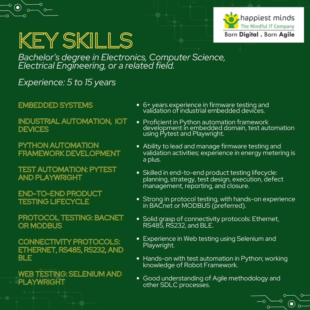 HappiestMinds's tweet image. Embedded Automation Test Engineers, your next big opportunity is here!

Join us in Bengaluru to lead firmware testing for smart industrial systems.

Apply now: careers.embeddedtesting@happiestminds.com

#FirmwareTesting #EmbeddedSystems #TestAutomation #Industry40 #BangaloreJobs