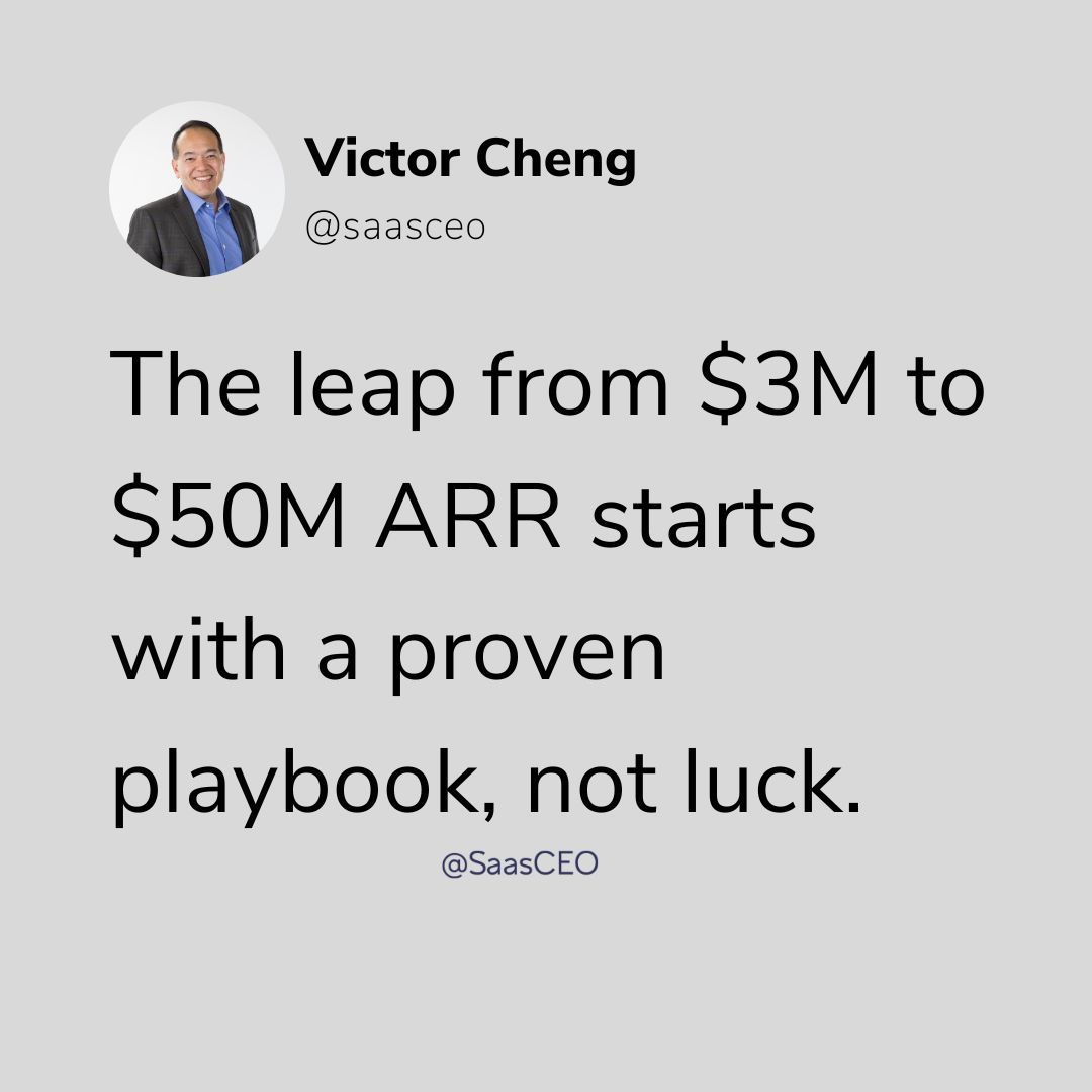 VictorCheng's tweet image. From $3M to $50M ARR isn’t luck. It’s systems.

The fastest-growing SaaS CEOs rely on a proven execution playbook — not guesswork.

Get the free CEO Blueprint to Scaling Sales → SaasCEO.com/social

#SaaS #StartupExecution #ARRGrowth