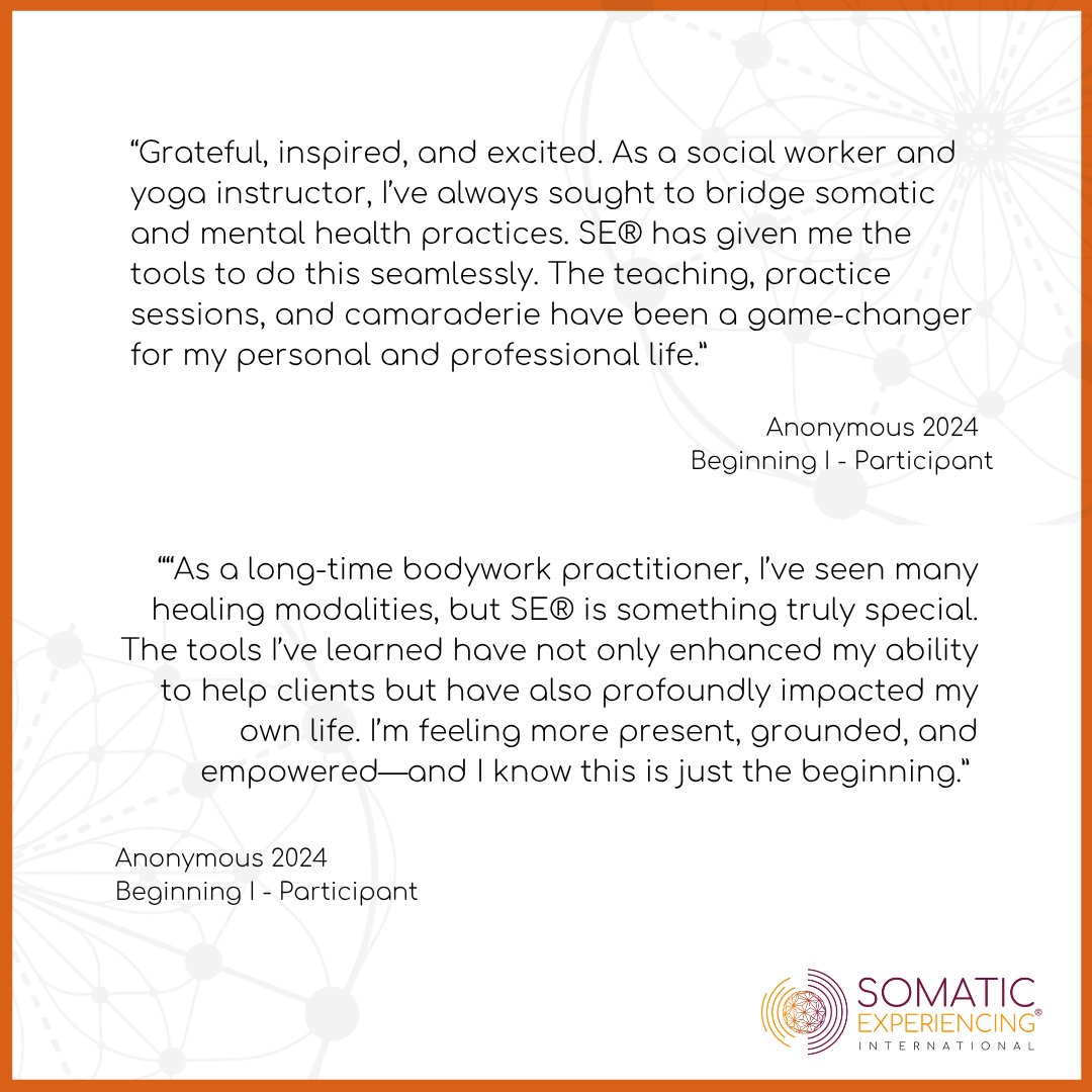 Somatic_Exp_Int's tweet image. Apply to the Somatic Experiencing Training Program: traumahealing.org/ApplyHere
Ready to Register? Follow the Link Here: traumahealing.org/BasicsLouisvil…
#somaticexperiencing #psychology #nervoussystem #nervoussystemregulation #somaticexperiencinginternational #community #joy #invest