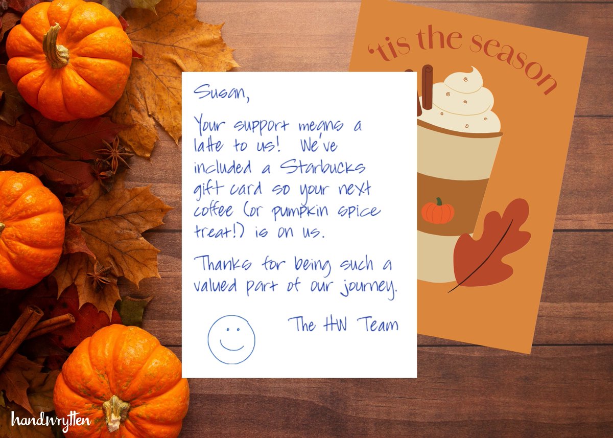 Handwrytten's tweet image. 🍁 Clients make it possible.

Say thanks with a handwritten fall card + a gift card for their next coffee. ☕💌

#Handwrytten #ClientAppreciation #Fall #FallOutreach #HandwrittenCard #B2B #B2C
