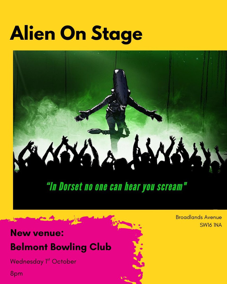 streathamfilm's tweet photo. ‼️ NEW VENUE: Due to the closure of Nomad Eats, this will now be screening at Belmont Bowling Club. We can’t wait to see you all there!

📍 Belmont Bowls Club
🗓 Doors 7pm | Film 8:00pm
🎟️ Cert: PG (suggested)

#SFFF10 #StreathamFilmFestival #AlienOnStage https://t.co/MeinZCW3hl