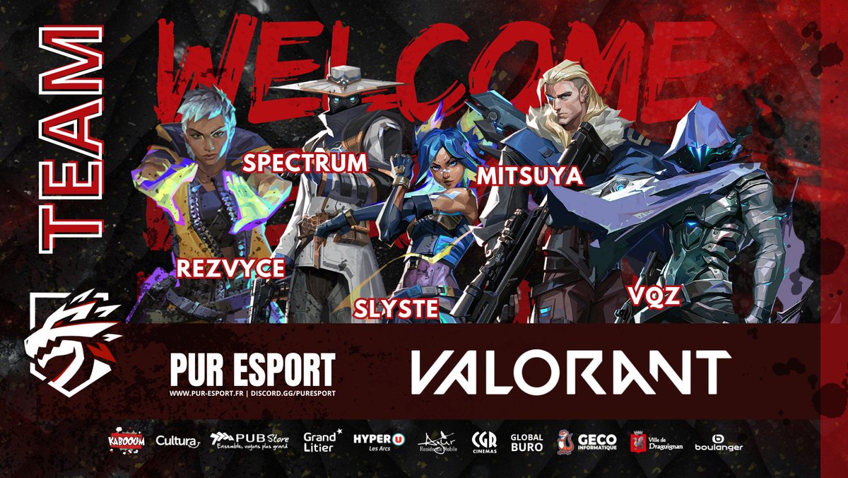 🚨 OFFICIAL ANNOUNCEMENT 🚨
C’est avec une immense fierté que nous vous annonçons l’arrivée de notre nouvelle équipe VALORANT qui portera haut les couleurs de PUR ESPORT 🔥
Voici les 5 joueurs qui rejoignent l’aventure :
Rezvyce (<a href="/ReZVyce/">ReZVyce</a> )
Spectrum (<a href="/Spectrum76x/">Spectrum</a> )
Slyste
