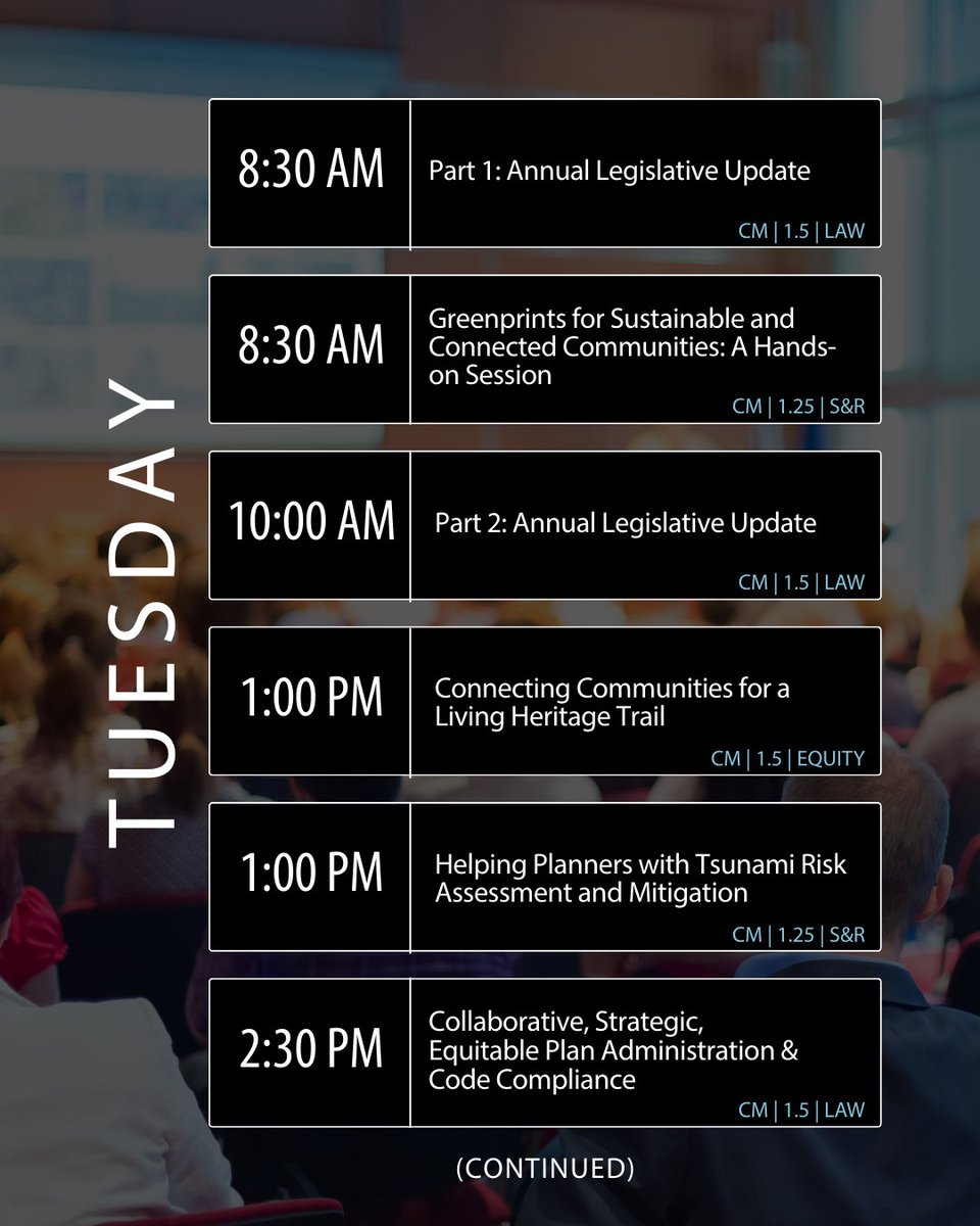 APACalifornia's tweet image. #APACA2025
At this year’s conference, we’ve curated sessions in Law • Ethics • Equity • Sustainability & Resilience - all accepted under the AICP CM guidelines.
Every session attended is one step closer to your professional goals!
