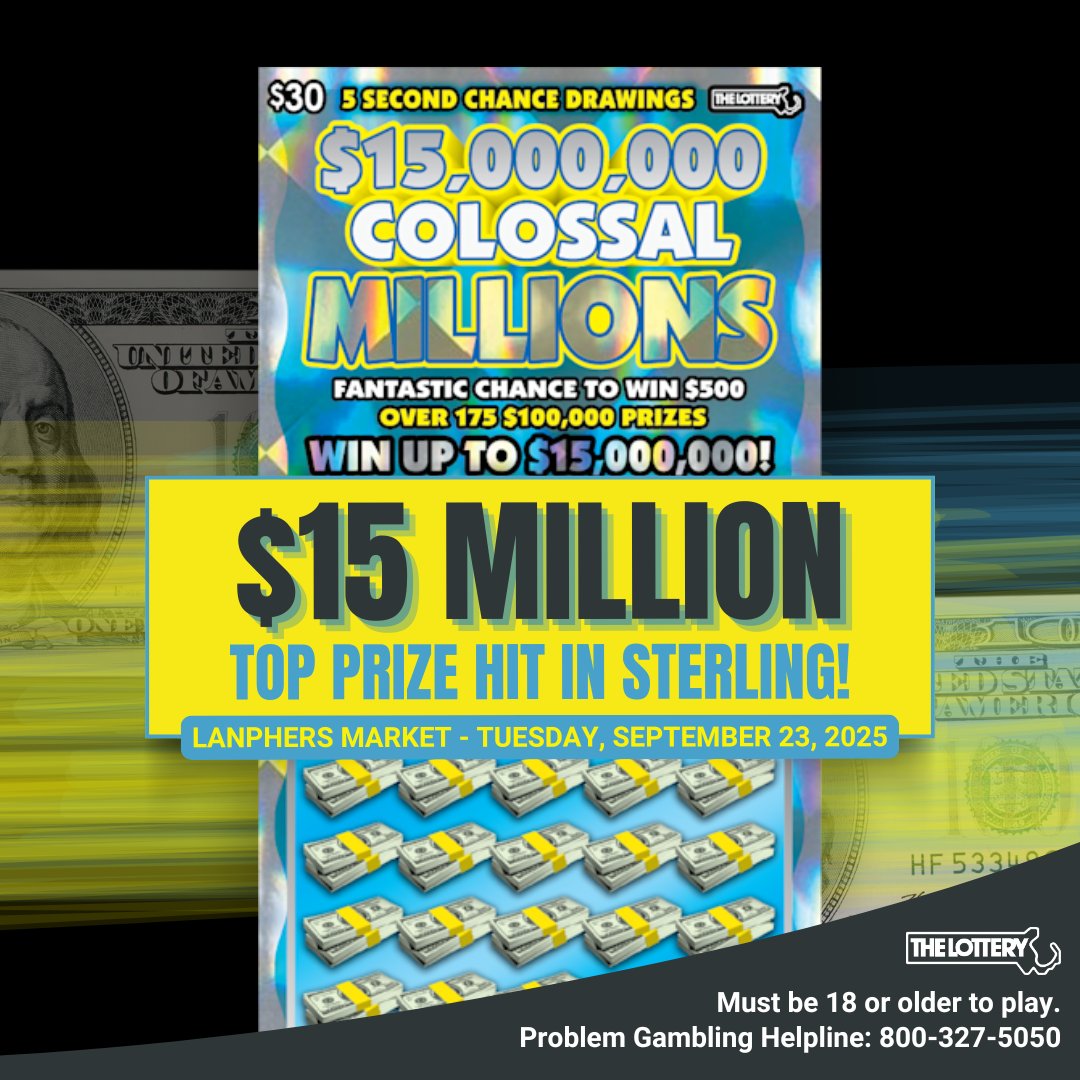 Sterling win in Sterling, Massachusetts 😉 Playing $15,000,000 COLOSSAL MILLIONS ($30)

Recent winners &gt; ow.ly/ByjP50X1BeP

#MassLottery
#Lottery
#InstantTicket
#ScratchTicket
#Winning
#Sterling
#Massachusetts