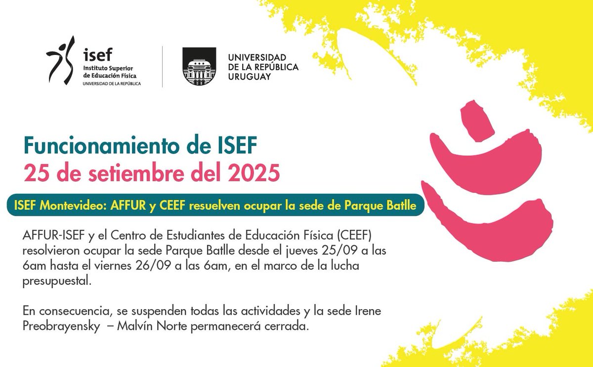 ISEF Montevideo: AFFUR y CEEF resuelven ocupar la sede de Parque Batlle

Más información: isef.udelar.edu.uy/noticias/isef-…