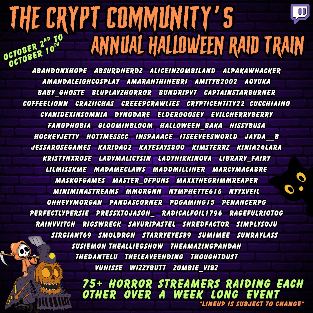 We're kicking off our annual Halloween Raid  Train with over 75 streamers &amp; over a week of jumpscares!

Starting on the official TCC twitch channel at 12:30 EST we will begin the train &amp; go from October 2nd to October 10th!

Join us this season to see the best horror gameplay.🕷️