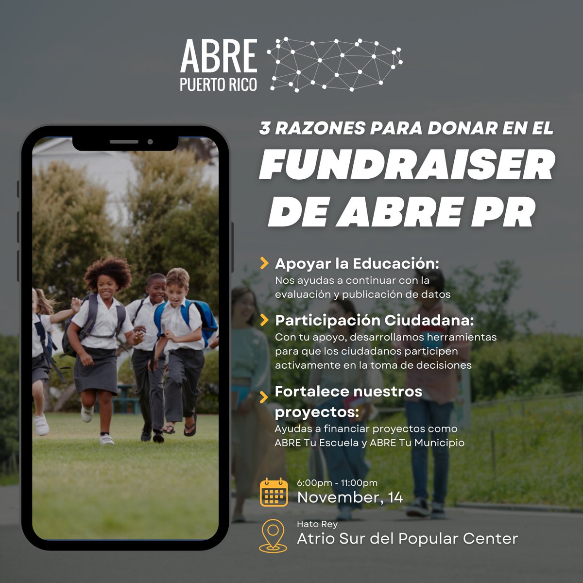 ¡Este 14 de noviembre únete a nuestro Fundraiser y apoya la educación en Puerto Rico! 🎓📊

🗓 Cuándo: Viernes, 14 de noviembre
📍 Dónde: Atrio Sur del Popular Center, Hato Rey
🕕 Hora: 6:00pm - 11:00pm