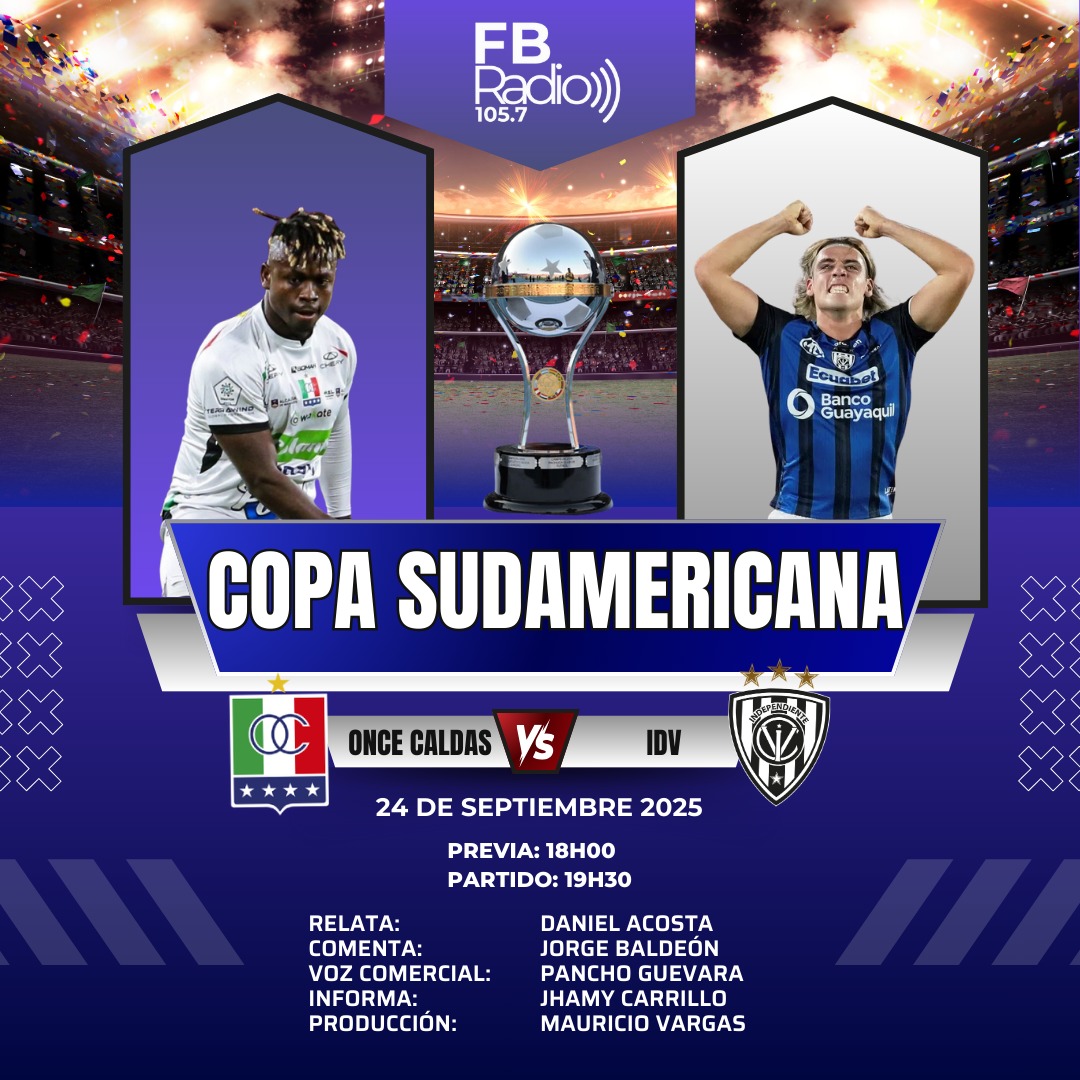 FB Radio 105.7FM (@fbradio1) on Twitter photo Estamos listos para transmitir el desenlace del partido entre #OnceCaldasvsIDV en su camino por la #CopaSudamericana.
Relata <a href="/DanielAcosta8/">Daniel Acosta</a>
Comenta <a href="/baldeonzinho/">Jorge Baldeón Medina</a>
Informa <a href="/JhamyCarrillo99/">Jhamy Carrillo</a>
Voz comercial <a href="/panchoguevarae/">Francisco Guevara Erazo</a>
Producción <a href="/cocosaez/">Mauricio Vargas Sáez</a>
Sintoniza #FBRadio 105.7 #FM o Estamos listos para transmitir el desenlace del partido entre #OnceCaldasvsIDV en su camino por la #CopaSudamericana.
Relata <a href="/DanielAcosta8/">Daniel Acosta</a>
Comenta <a href="/baldeonzinho/">Jorge Baldeón Medina</a>
Informa <a href="/JhamyCarrillo99/">Jhamy Carrillo</a>
Voz comercial <a href="/panchoguevarae/">Francisco Guevara Erazo</a>
Producción <a href="/cocosaez/">Mauricio Vargas Sáez</a>
Sintoniza #FBRadio 105.7 #FM o