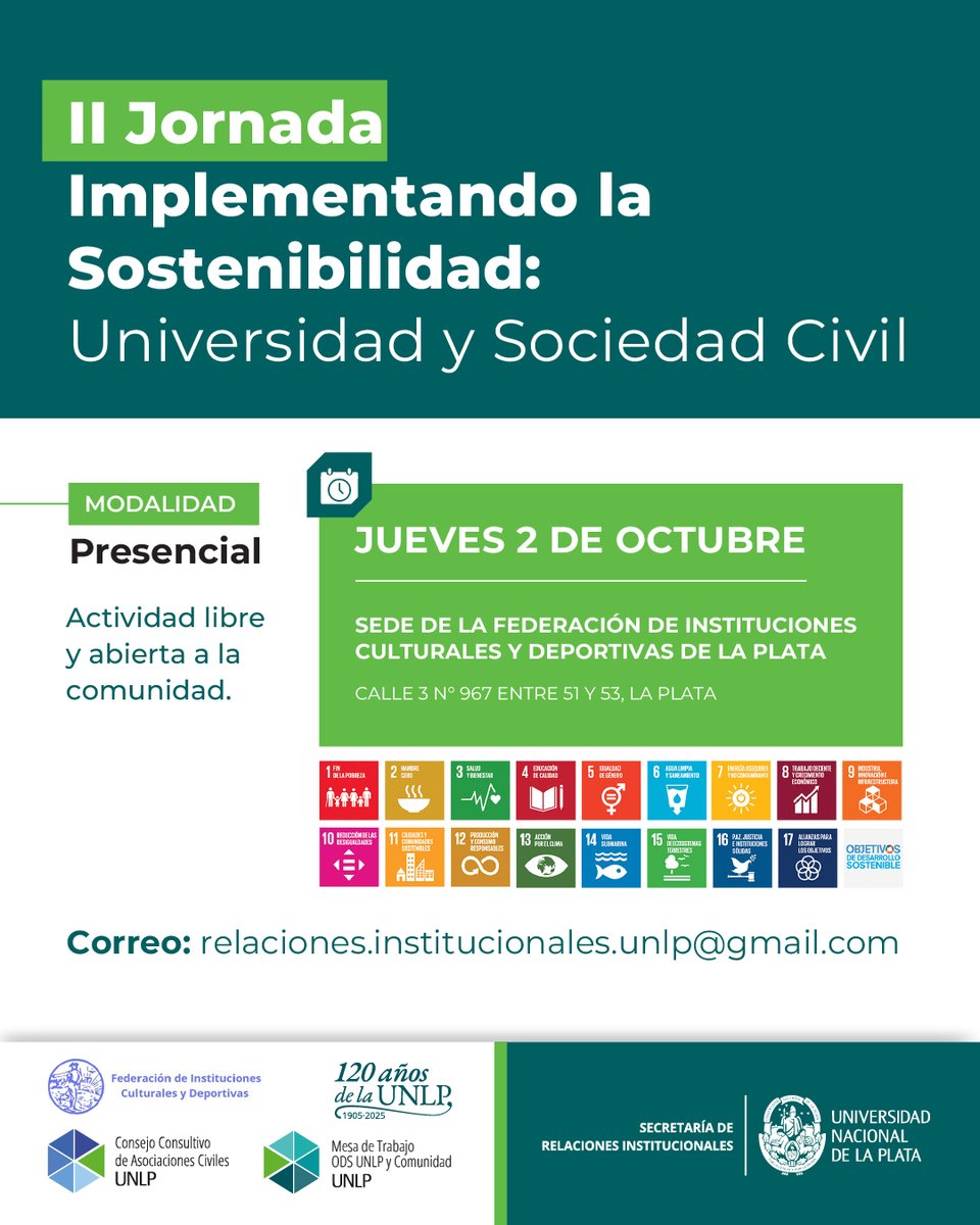 Desde la Mesa de Trabajo ODS UNLP y Comunidad de la <a href="/unlp/">UNLP</a> en conjunto con la <a href="/FeCulDep/">Federación de Instituciones Culturales y Deportiva</a>, invitamos a la II Jornada “Implementando la Sostenibilidad: Universidad y Sociedad Civil”. 🌎🌱♻️
unlp.edu.ar/institucional/…
