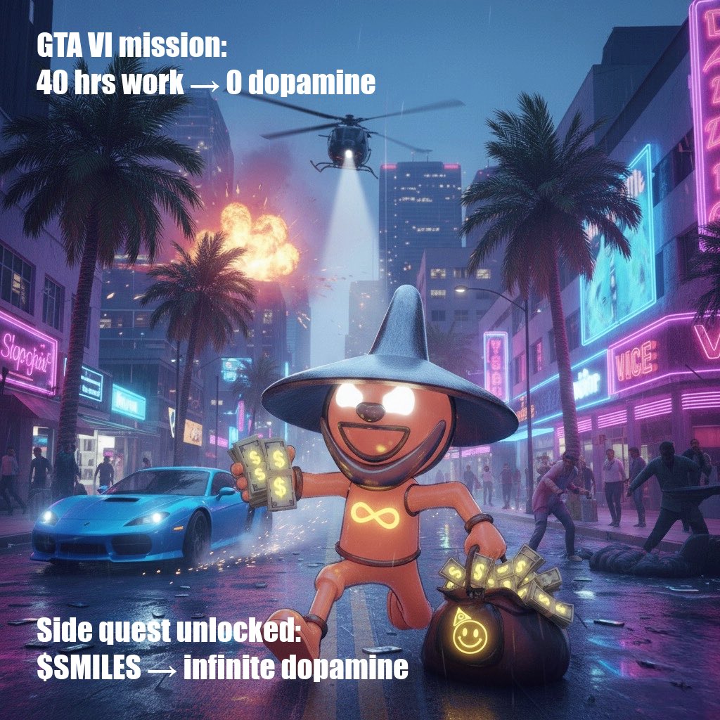 <a href="/RockstarGames/">Rockstar Games</a> MISSION FAILED ❌
40 hrs work → 0 dopamine 💀
SIDE QUEST UNLOCKED ✅
$SMILES → infinite dopamine 💛