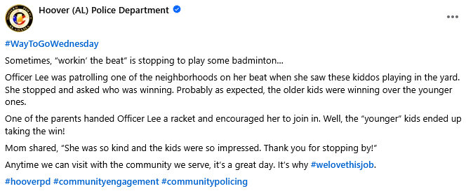 HooverPD's tweet photo. #WayToGoWednesday

Sometimes, “workin’ the beat” is stopping to play some badminton…

Mom shared, “She was so kind and the kids were so impressed. Thank you for stopping by!”

Anytime we can visit with the community we serve, it’s a great day. It’s why #welovethisjob.

#hooverpd https://t.co/GcbcAigHRr