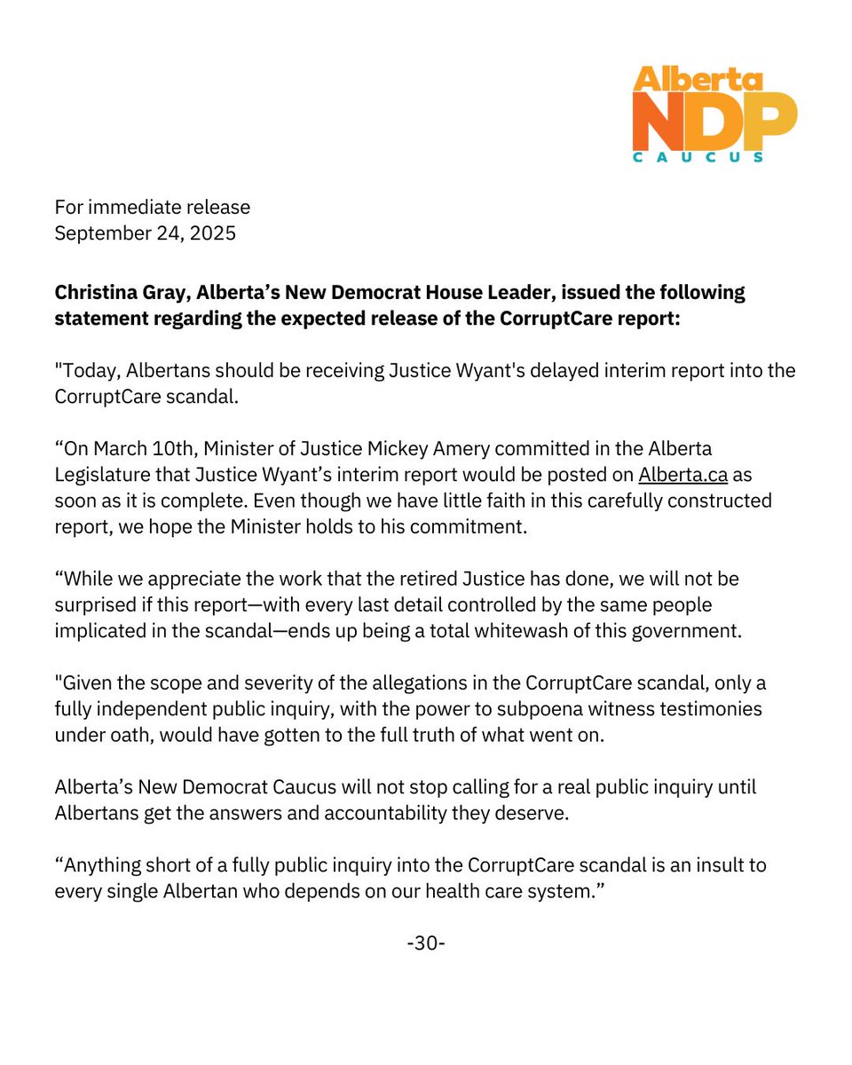 Christina Gray (@christinandp) on Twitter photo Today, Albertans should be receiving Justice Wyant's delayed interim report into the UCP government's CorruptCare scandal.
albertandpcaucus.ca/news/post/albe… Today, Albertans should be receiving Justice Wyant's delayed interim report into the UCP government's CorruptCare scandal.
albertandpcaucus.ca/news/post/albe…