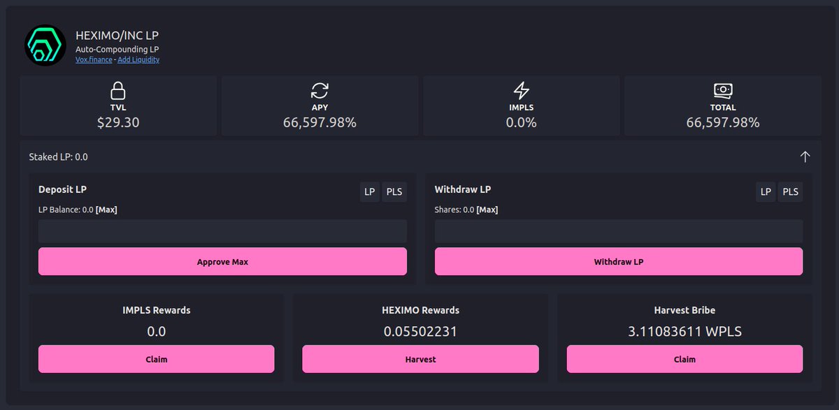 ⚡️ New Vault Live!⚡️

🏦 Vault ➡️ HEXIMO/INC
🚀 APY ➡️ 66,597%
🧑‍🌾 Farm ➡️ <a href="/VOX_DeFi/">VOX</a>

♻️ We've added an auto compounding vault for the HEXIMO/INC farm on <a href="/VOX_DeFi/">VOX</a>

ℹ️ Auto compound your farming rewards and earn bonus IMPLS rewards!

🏦 Vaults ➡️impls.finance/vaults
🤗