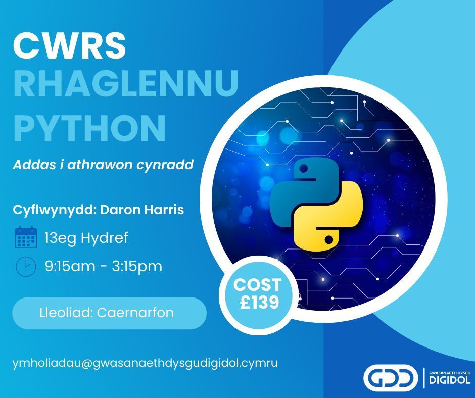 Cwrs Gwthio Ffiniau gyda Rhaglennu Python🤖 (Cyfrwng Cymraeg)

Camwch y tu hwnt i Scratch a Microbits a pharatowch eich disgyblion ar gyfer dyfodol mewn byd technolegol!

Cyflwynydd: Daron Harris🧑‍🏫
📍 Caernarfon
⏰ 9:15 - 3:15

Cost: £139.99

Cofrestru👉tinyurl.com/yveadawu