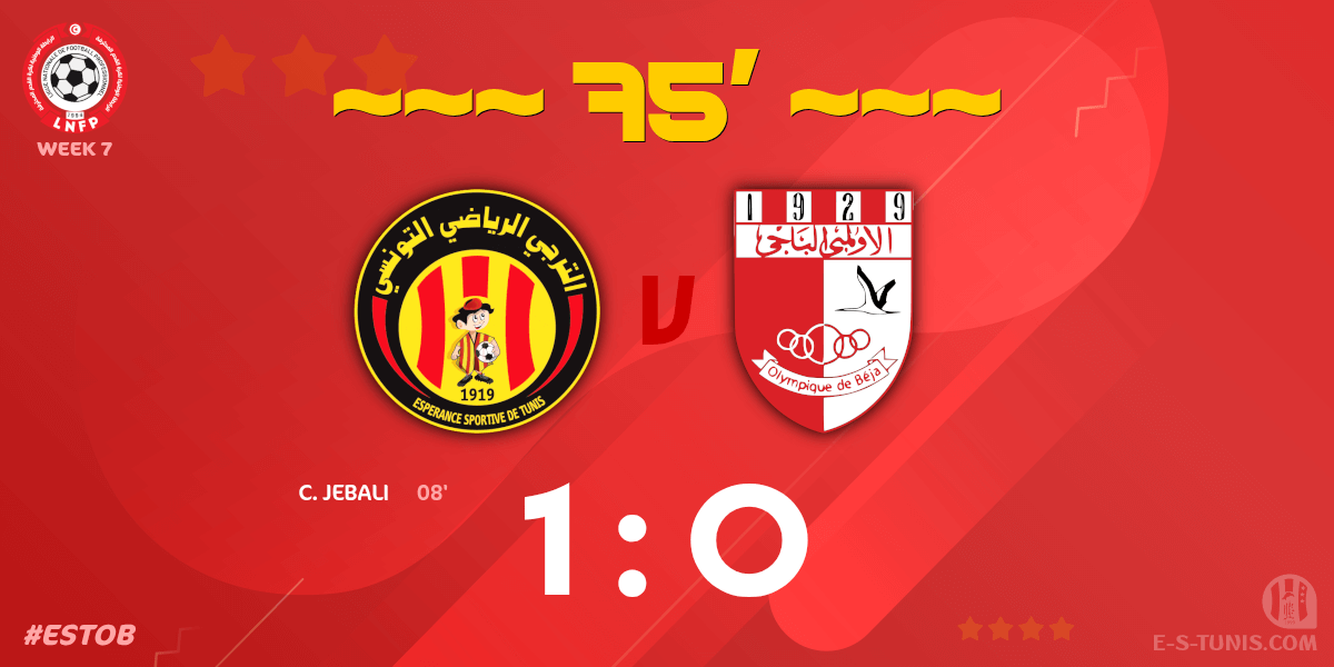 ESTuniscom's tweet photo. ⏱ 75' | #Ligue1Tn🇹🇳 Week 7 #ESTOB | @ESTuniscom 1⃣-0⃣ #OlympiqueBeja : Score reminder / تذكير بالنتيجة / Rappel du score https://t.co/z61Bx7t5bl