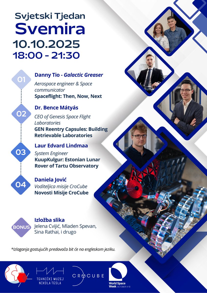 I will be presenting on 10 October at World Space Week in Zagreb, hosted by <a href="/CroCubeHr/">CroCube</a>, the team behind Croatia’s very first satellite in orbit!

Join us at the Nikola Tesla Technical Museum, where I will share more details on the upcoming <a href="/genoplant/">Genesis Space Flight Laboratories</a> GEN capsule flights.