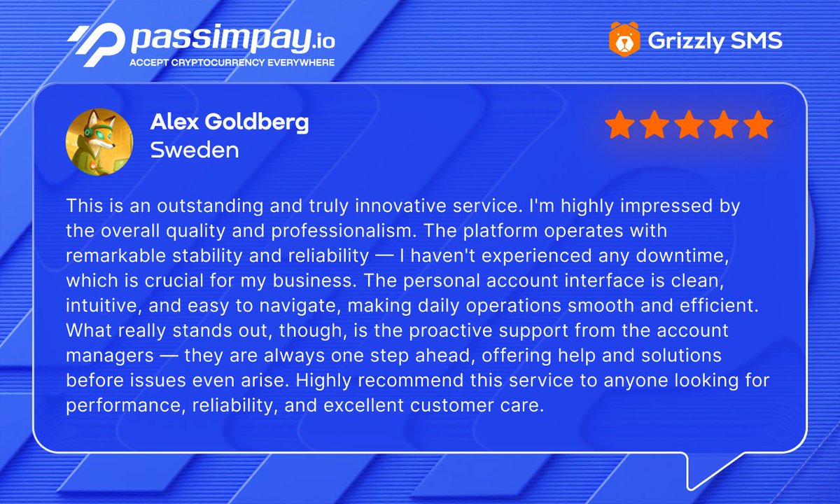 We 💙 your feedback — it helps us grow!

Our partners at GrizzlySMS (e-commerce) recently wrote some positive notes about us. We are glad and proud that we could have turned crypto payments from complex to profitable for this business.

💬 DM us to get the best offer!