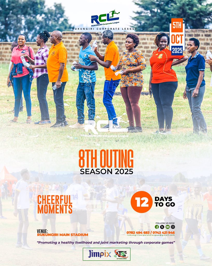 The 8th player on the pitch😊 
12 days on the count down.
Don’t miss to be part of us in the 8th outing.

🗓 05/10/2025.
🏟 Rukungiri Main Stadium.

 ✅ Free entry for the general public 

Experience a full year of corporate sports.
#RukungiriCorporateLeague2025.