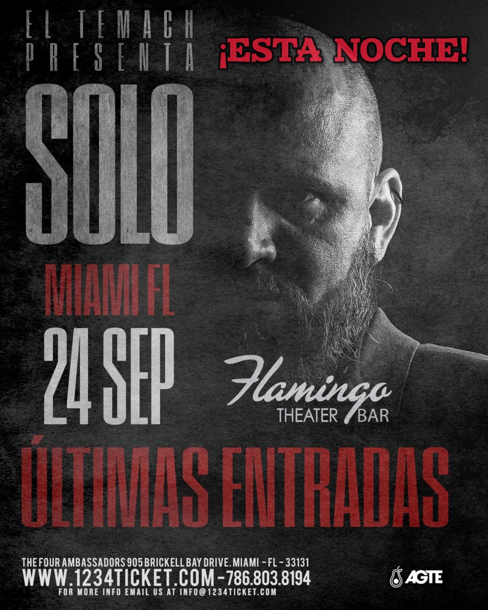 Miami, llegó el día para iniciar la transformación. Esta noche, El Temach estará con su show SOLO, en el <a href="/flamingotheater/">Flamingo Theater Bar</a> de Miami.
Últimas entradas a la venta en eltemach.net.

Toma el control de tu vida #modoguerra