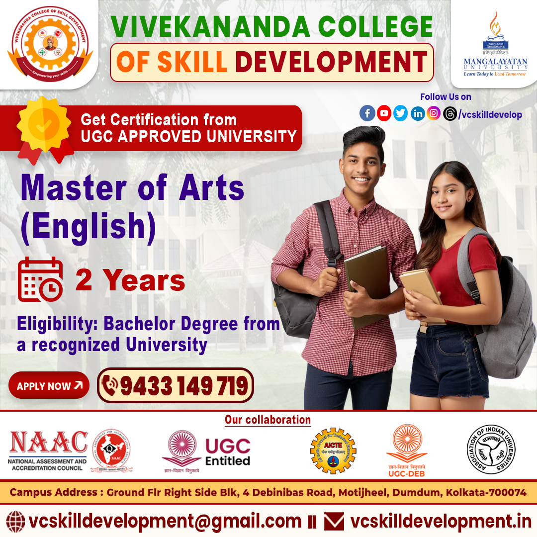 vcskilldevelop's tweet image. 📚✨Advance Your Career with an MA in English!✨📚
Enroll now at Vivekananda College of Skill Development for MA in English (Online/Distance Mode)🎓🌍
Upgrade your knowledge in literature, linguistics, and communication skills while enjoying the flexibility of online learning🖥️📖