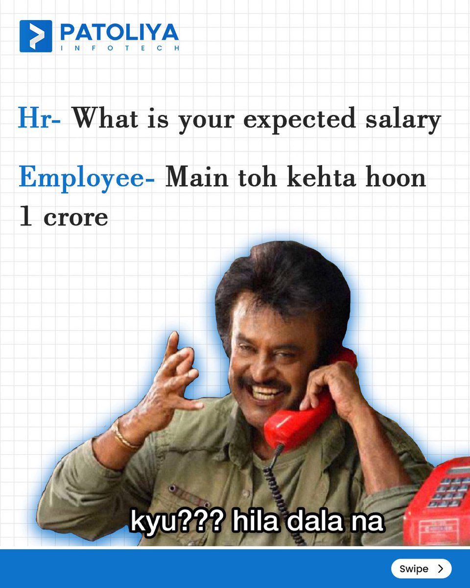 PatoliyaTech's tweet image. Resume says skills, Bollywood says thrills.
Interviews done the filmy way! 💼🎥
#InterviewHumor #BollywoodEdition #WorkLifeFun #PatoliyaInfotech #CareerWithFun #WorkplaceHumor #JobInterview #OfficeLife #BollywoodVibes