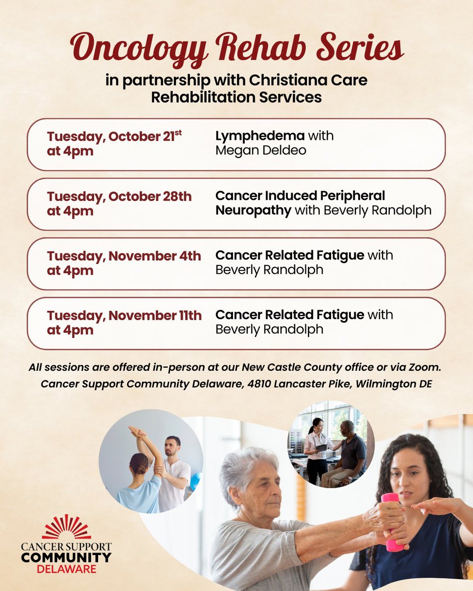 CancerSupportDE's tweet image. Join #CSCDE for the Oncology Rehab Series with Christiana Care Rehabilitation Services! Learn from certified therapists how to manage symptoms, improve function &amp;amp; enhance quality of life before, during &amp;amp; after cancer treatment. Register at: form.jotform.com/232683976377171
#CSCDE…