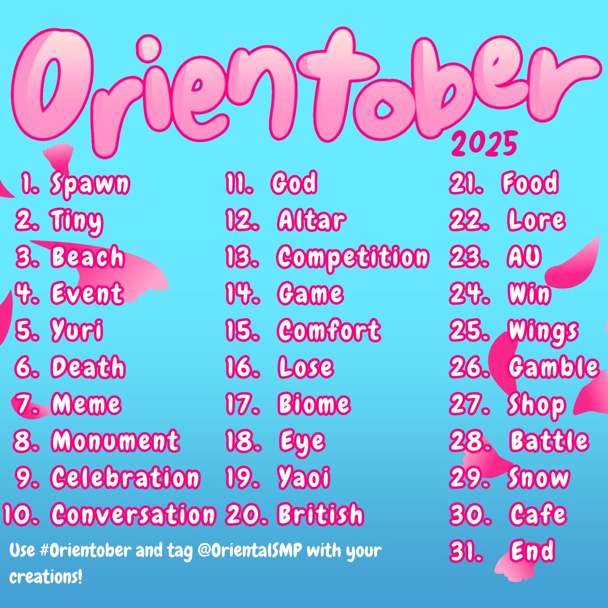 OrientalSMP's tweet photo. Feeling stuck for art ideas? We've got you covered!
We're creating our own version of Inktober! Use #Orientober and tag us (@OrientalSMP) with your creations, whether it's drawing, writing, or a render, any form of art applies! We look forward to seeing your creations! https://t.co/LwKtycfKaR