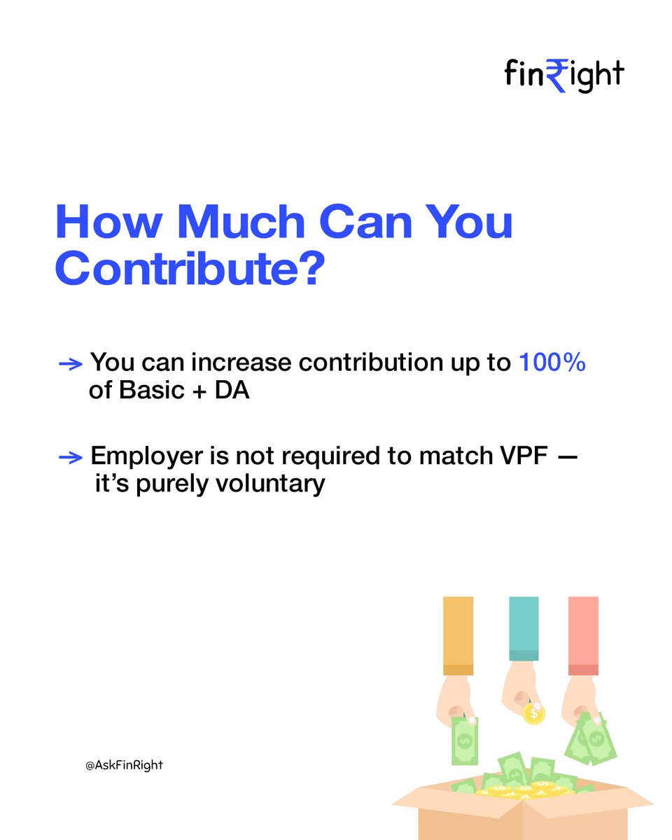 FinRight's tweet image. Want to save more tax &amp;amp; grow your retirement corpus?

Try Voluntary Provident Fund (VPF) 👇
✅ Contribute up to 100% of Basic+DA
✅ Earn ~8.25% p.a. (same as EPF)
✅ Tax benefits under 80C + tax-free interest (&amp;lt;₹2.5L)

#AskFinRight #VPF