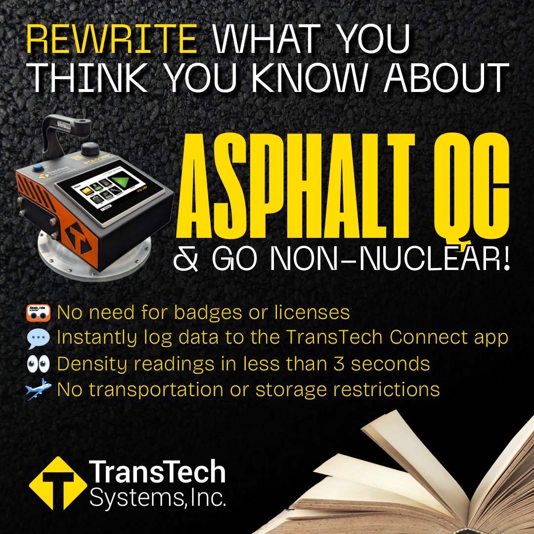 TransTechSystem's tweet image. If you&apos;re still using nuclear gauges for your #asphalt QC, it&apos;s time to update your workflow. Our #PQI380Plus #NonNuclear #AsphaltDensity gauge offers many advantages!

Take your QC to the next level! ⚡ pqi380plus.com
#TransTechSystems #QCForEveryone #BuiltWithPQI