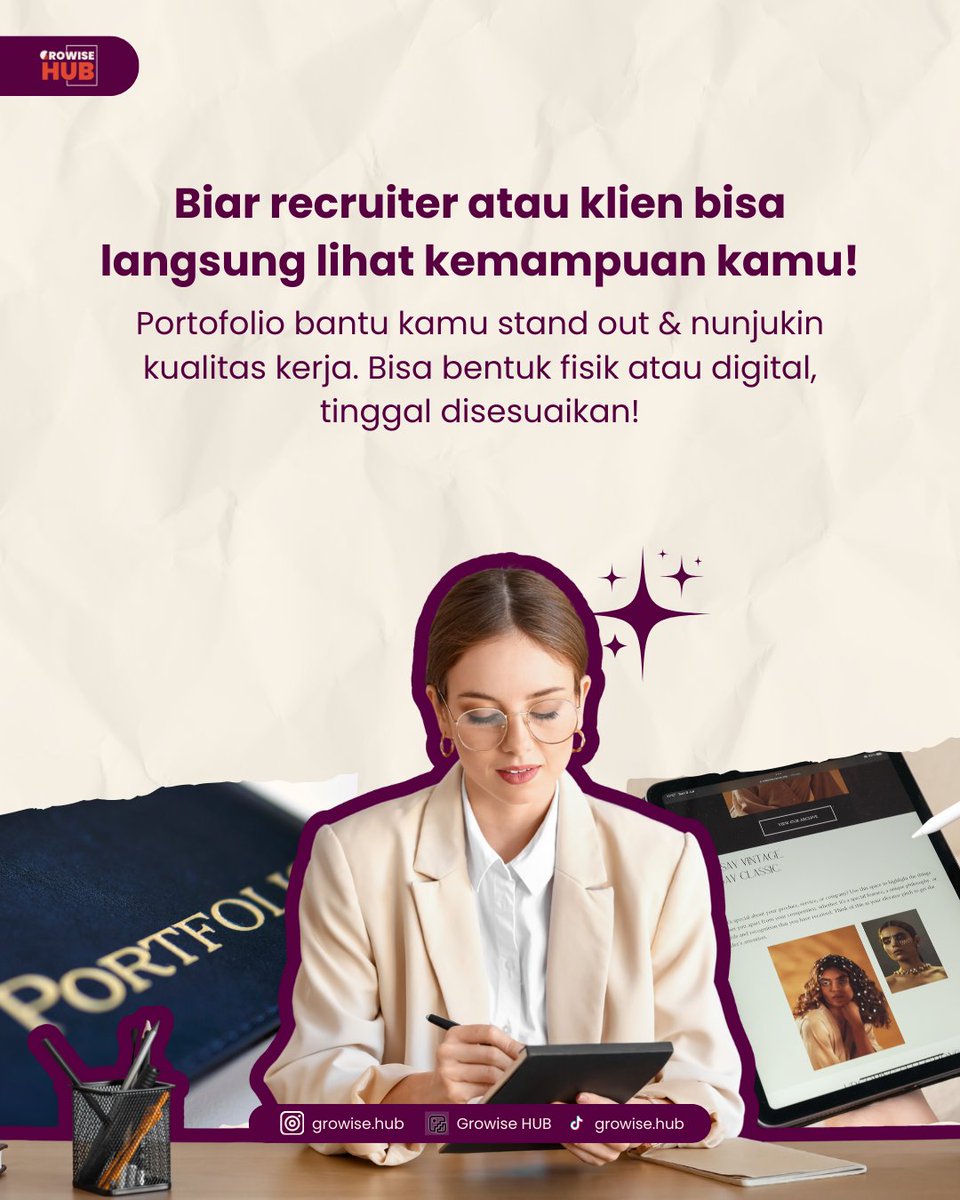 growisehub's tweet image. Portofolio bikin kamu langsung stand out di mata recruiter! 
Ini cara paling efektif buat nunjukin kemampuanmu tanpa harus banyak bicara. Jadikan portofolio &quot;senjata&quot; andalanmu! 
#Recruiter #HRD #LamaranKerja #CareerAdvice