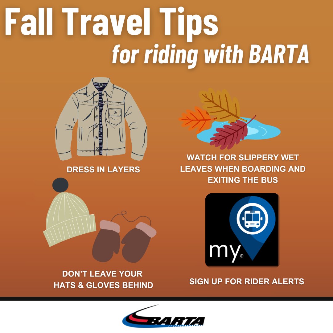Fall is here!🍂🎃Check out these tips to stay comfortable and safe while riding with BARTA this season!