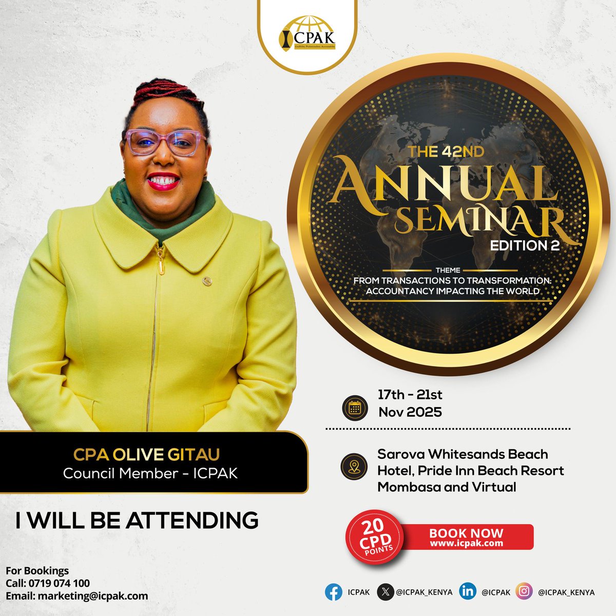 The future accountant is more than a number-cruncher,  they’re a strategic thinker.
Learn how AI, digital dashboards, and automation are reshaping decision-making and accountability in both public and private sectors at the #ICPAK42ndAnnualSem edition 2. 

Book today: 
Physical: