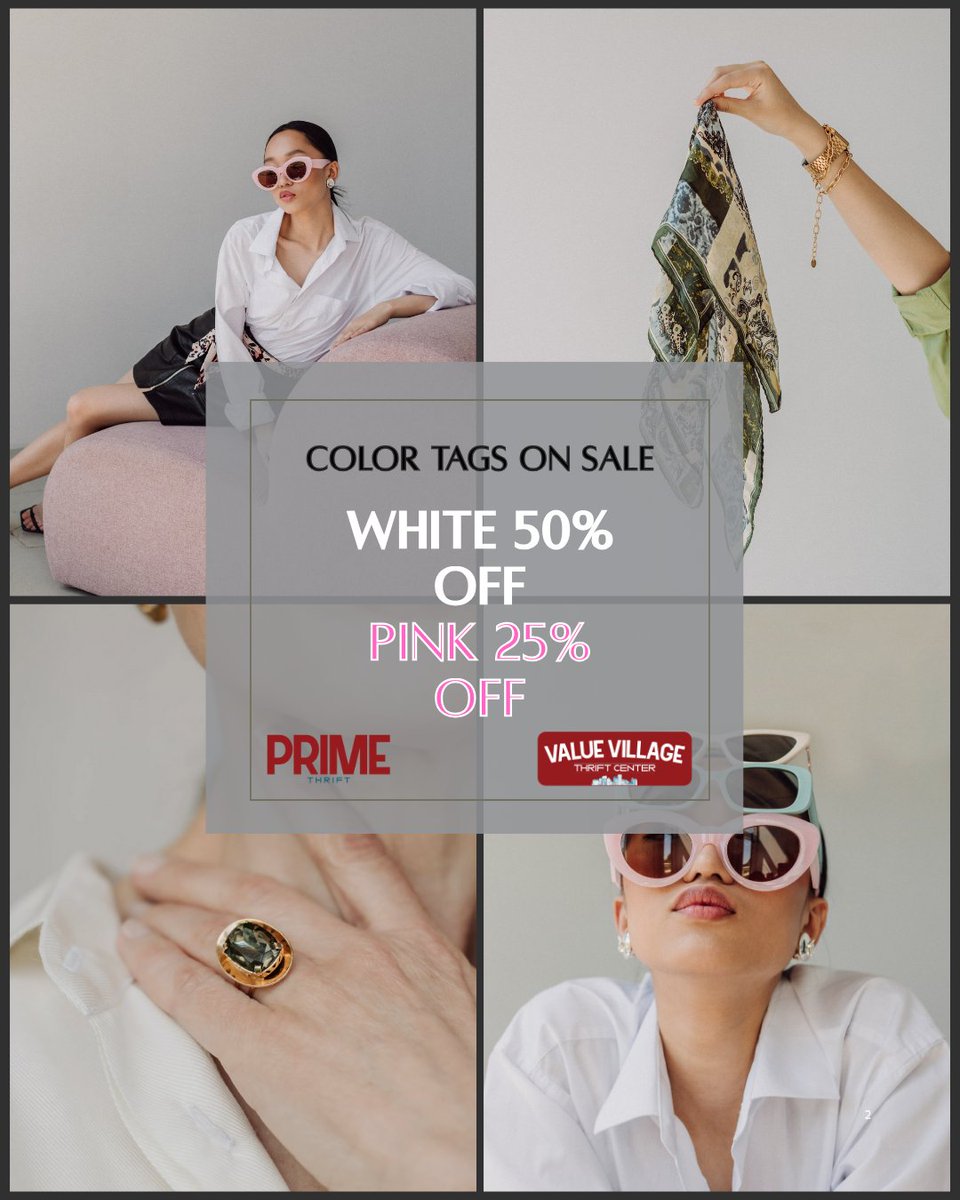 Tag colors on sale this week: White 50% off and Pink 25% off.

Primethrift.com