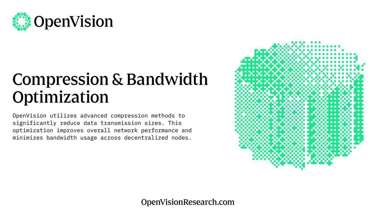 UseOpenVision's tweet image. In today’s digital world, bandwidth is the lifeblood of all connected systems. OpenVision is at the forefront of optimizing how data is transmitted across decentralized networks.
Through advanced compression techniques, OpenVision significantly reduces transmission sizes,…