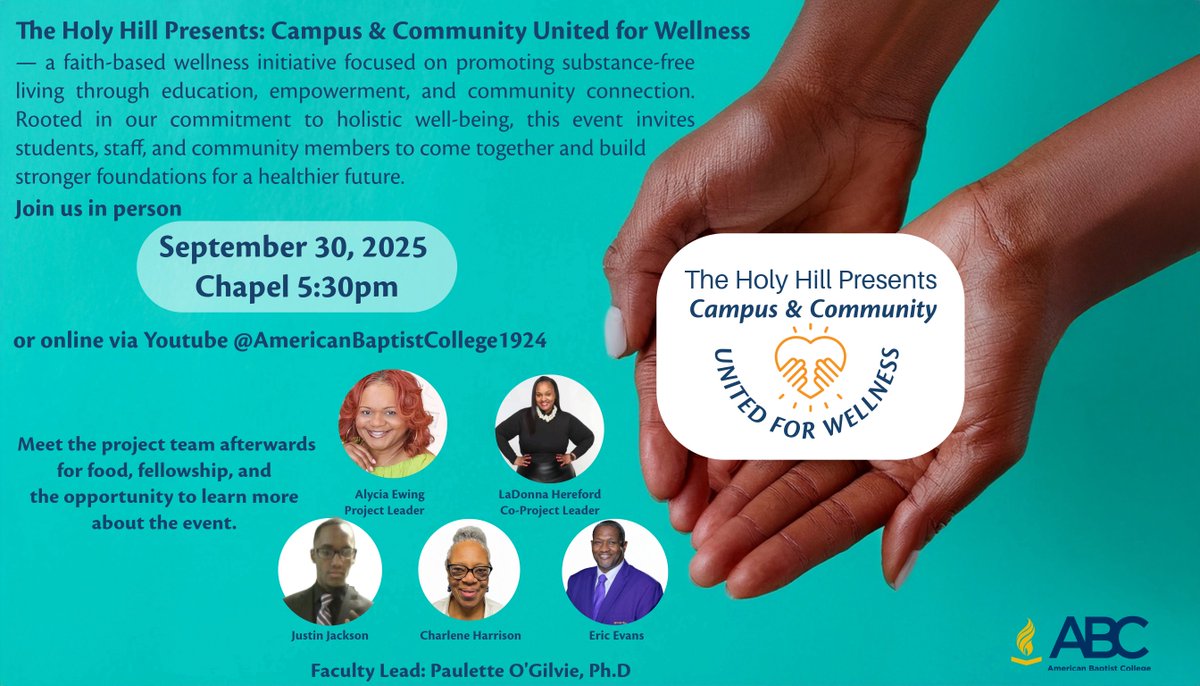 Next week's chapel will be a student-led conversation on campus and community wellness 🌱✨

🗓️ September 30, 2025 
📍 Susie McClure Library
🕠  5:30 PM | 🎥  and Live on YouTube

Join us &amp; be part of the conversation! 💛 #ABCStrong #CampusWellness #FaithInAction