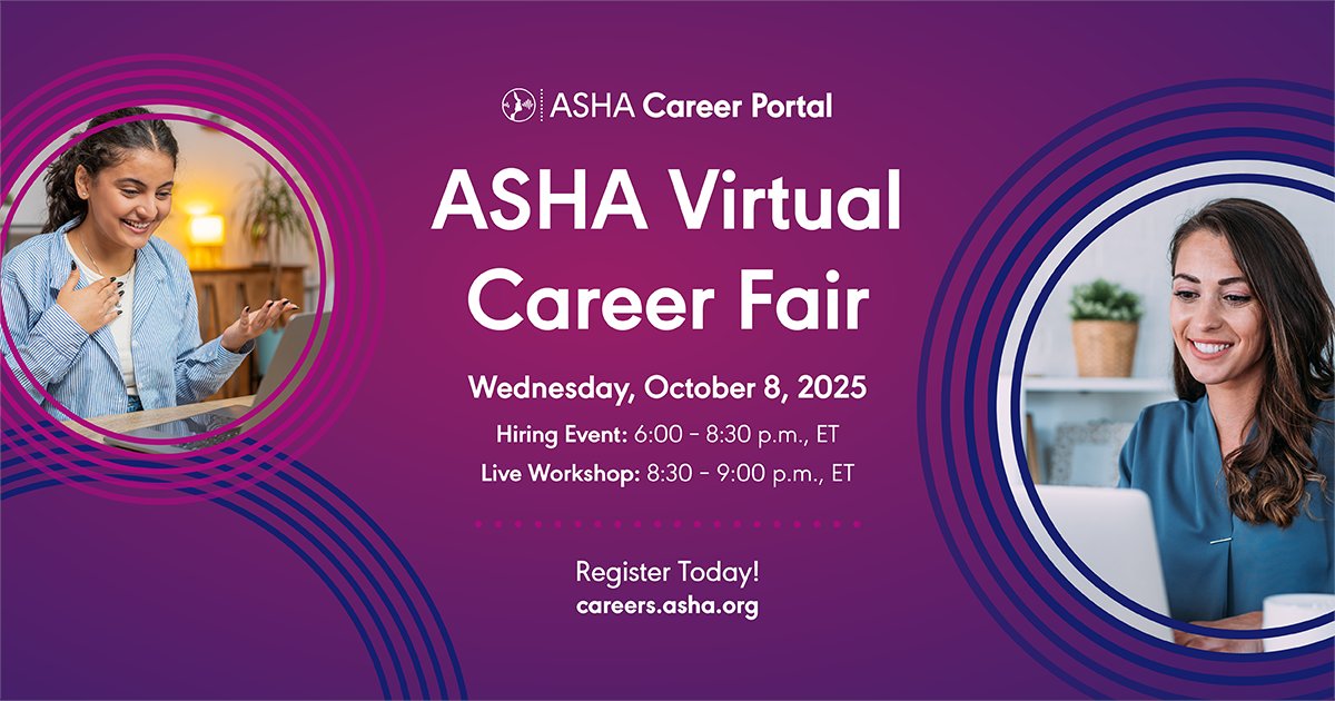 ASHAWeb's tweet image. You&apos;re invited to the Fall ASHA Virtual Career Fair on 10/8. Network, explore, and get hired! Join this FREE event. 

Registration is required. Secure your spot today! at.asha.org/Mi

TY to our premier employers, including @ssgcareers. #workingwednesday #slpeeps #slp2b