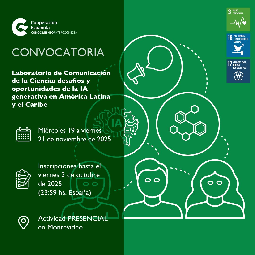 UNESCOmvdo's tweet photo. 🌍💡 ¿Qué retos y oportunidades trae la IA generativa para comunicar la ciencia?

📍 Te invitamos a participar de la actividad “Laboratorio de Comunicación de la Ciencia: desafíos y oportunidades de la inteligencia artificial generativa en América Latina y el Caribe”🔬. Un encuentro presencial de reflexión y diálogo sobre los desafíos y oportunidades de la inteligencia artificial generativa (IA Gen) en América Latina y el Caribe.

En este espacio abordaremos:
✅ Comunicación del riesgo en ciencia y tecnología
✅ Gestión de crisis
✅ Distorsiones informativas en entornos digitales
✅ IA generativa como herramienta estratégica

El laboratorio busca fortalecer el uso ético de la IA, mejorar competencias en gestión del riesgo y consolidar una comunidad latinoamericana de comunicación de la ciencia 🤝🌎. Organizado por la Oficina de Cooperación Española para el Cono Sur, en alianza con la Red Evaprop (CYTED) y la UNESCO.

📅 19 al 21 de noviembre de 2025 | 📍 Montevideo

👆Inscribite en el link hasta el viernes 3 de octubre a las 23:59 (España): https://t.co/no8kuyp4S3